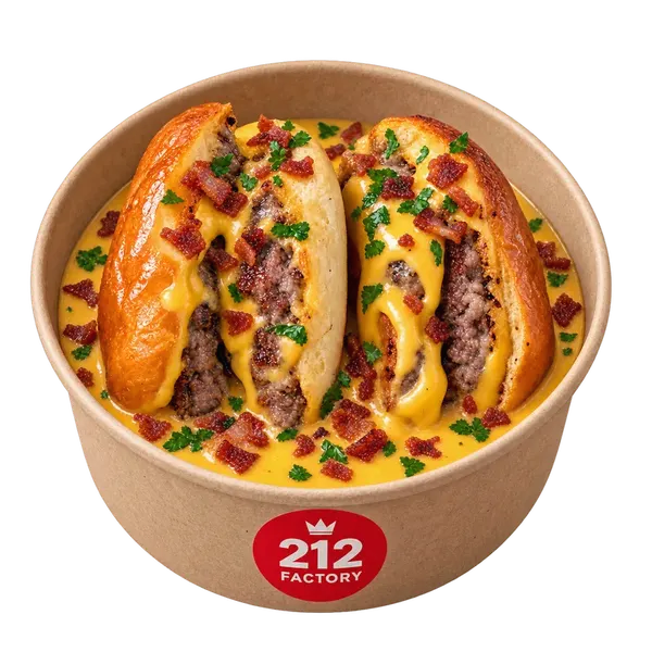 Le Cheddar Fondu : burger bœuf coupé en deux qui baigne dans la sauce cheddar, éclats de bacon